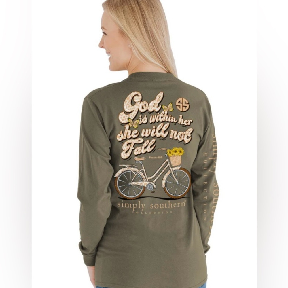 NWT SIMPLY SOUTHERN GOD IS WITHIN HER SHE WILL NOT FALL LONG SLEEVE OLIVE GREEN